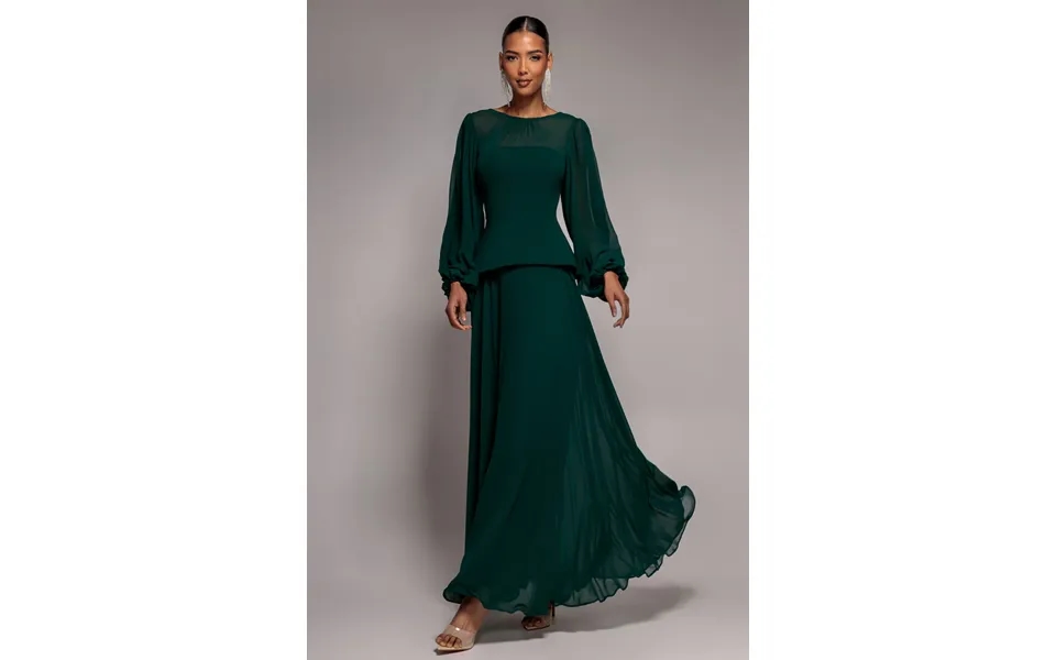 Goddiva Bishop Sleeve Peplum Top Scuba Crepe And Chiffon Maxi Dress - Emerald Green