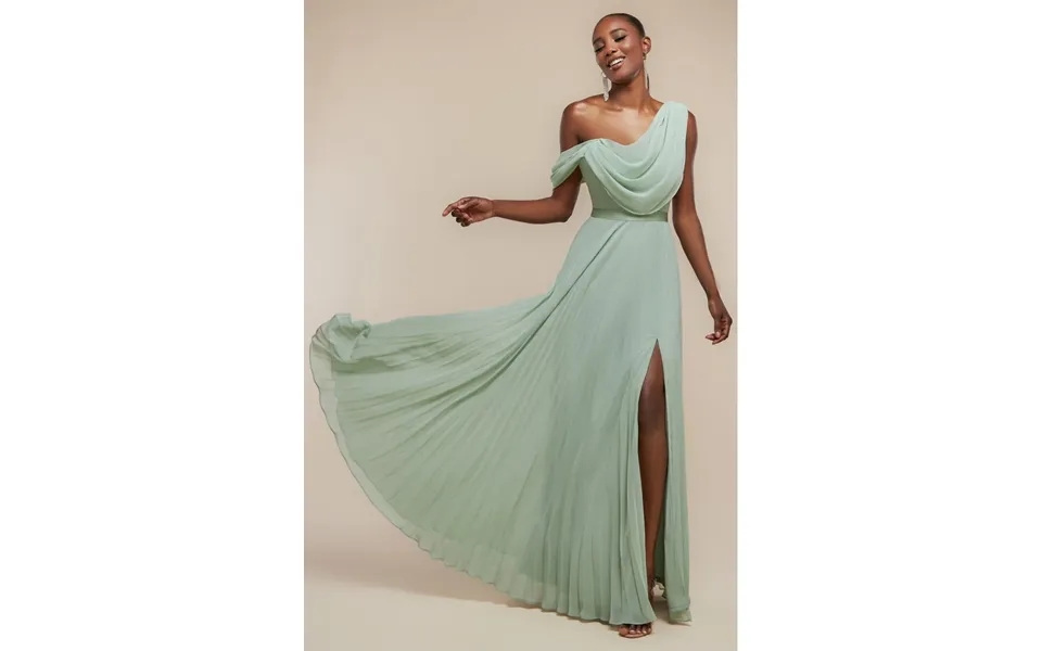 Goddiva Cowl Neck One Shoulder A Line Chiffon Maxi Dress - Sage Green