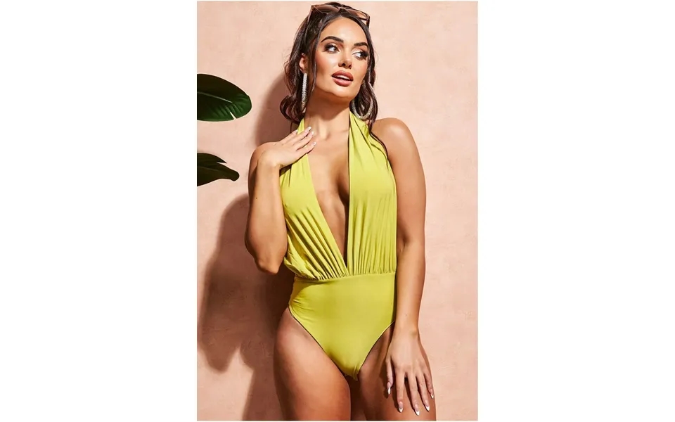 Goddiva Deep Plunge Halter Neck Swimsuit - Lime Green