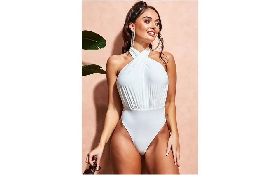 Goddiva Deep Plunge Halter Neck Swimsuit - White