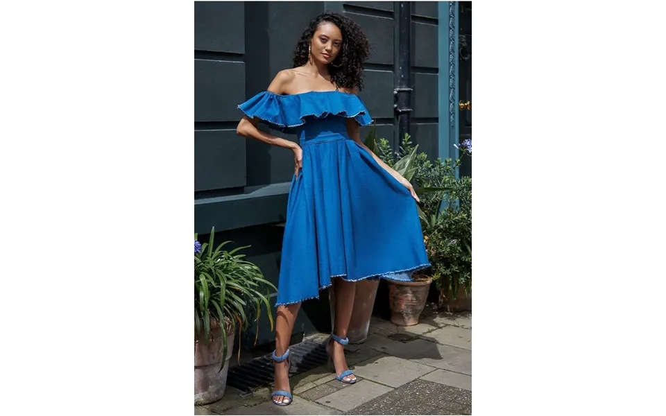 Goddiva Denim Frilled Bardot High Low Dress - Blue Denim