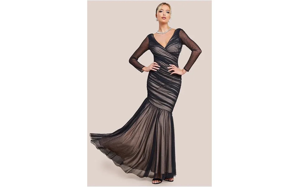 Goddiva Dobby Mesh Wrap Style Gathered Maxi Dress - Black
