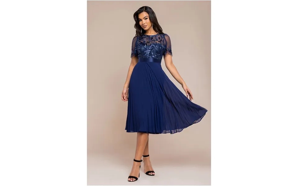 Goddiva Embroidered Top Chiffon Pleated Midi - Navy Blue