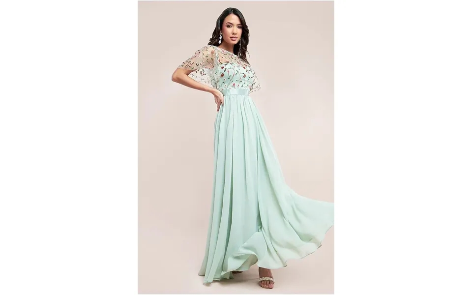 Goddiva Embroidered Top Flutter Sleeve Maxi - Sage Green