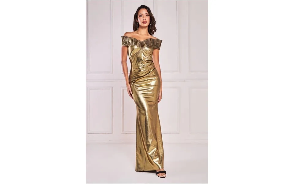 Goddiva Fan Pleated Bardot Scuba Crepe Maxi - Gold