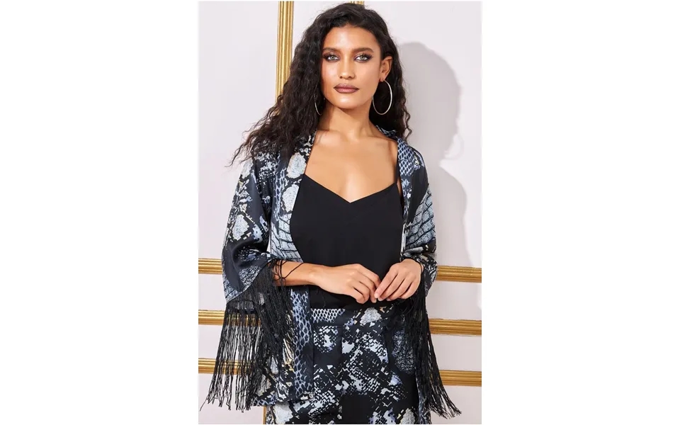Goddiva Foil Print Kimono With Tassels - Black