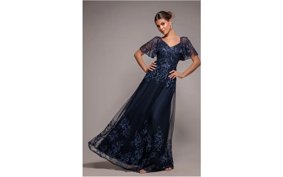 Goddiva Lace Flutter Sleeve Embroidered Mesh A Line Maxi Dress - Navy Blue