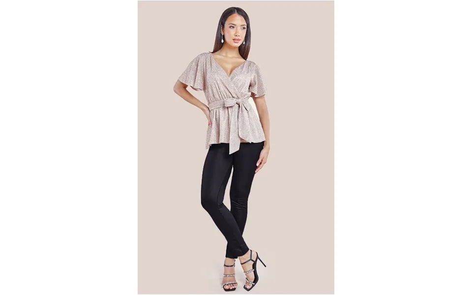 Goddiva Lurex Flutter Sleeve Wrap Top - Champagne