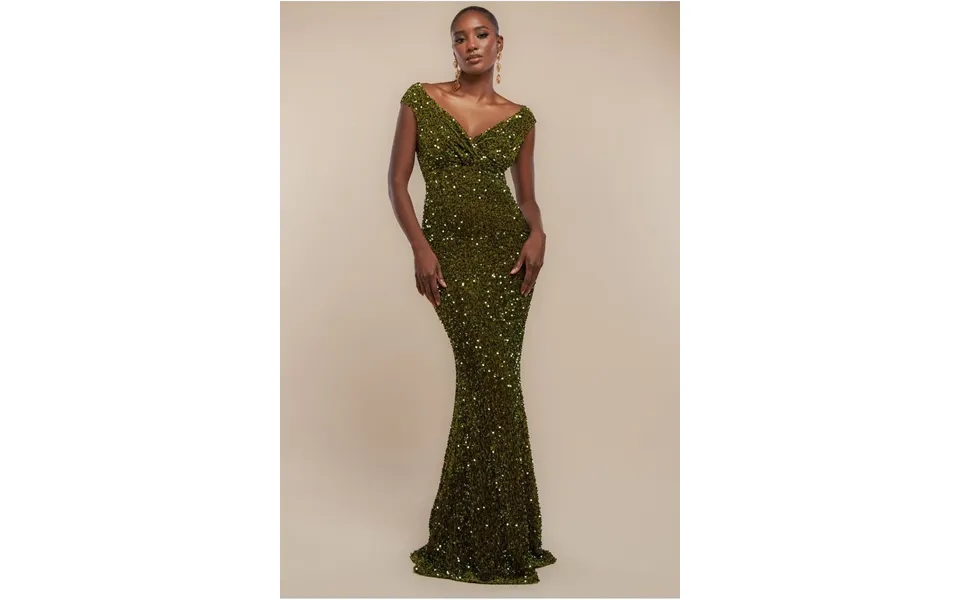 Goddiva Multi Sequin & Velvet Bardot Maxi Dress - Olive Green