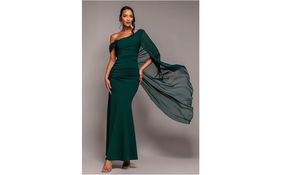 Goddiva One Shoulder Cape Scuba & Chiffon Maxi Dress - Emerald Green