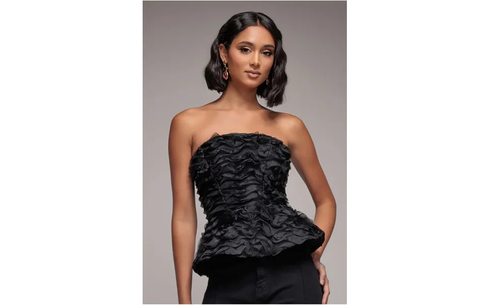 Goddiva Peplum 3d Textured Boob Tube Lace Up Corset - Black