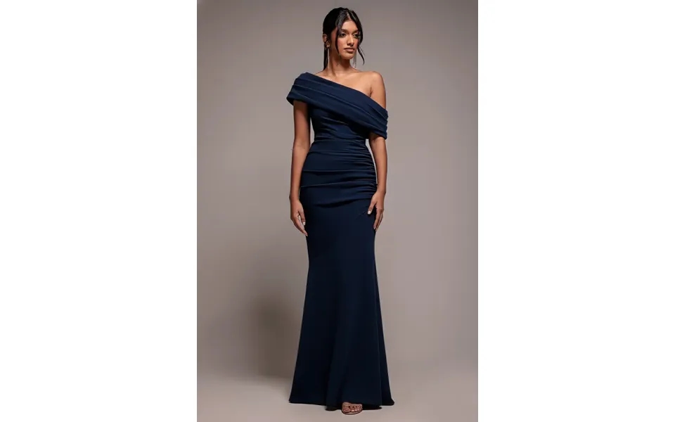 Goddiva Pleated One Shoulder Bardot Fit And Flare Maxi Dress - Navy Blue