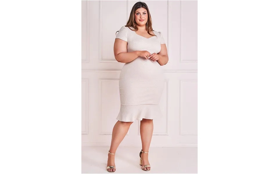 Goddiva Plus Fitted Short Sleeve Midi Glitter Midi With Hem - Stone