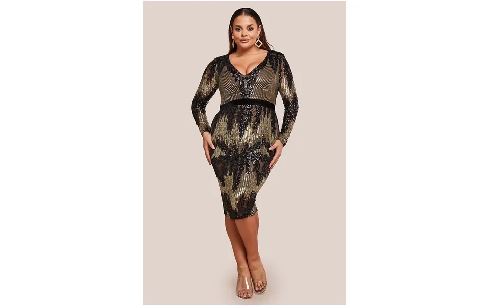 Goddiva Plus Long Sleeve Sequin Party Midi Dress - Black