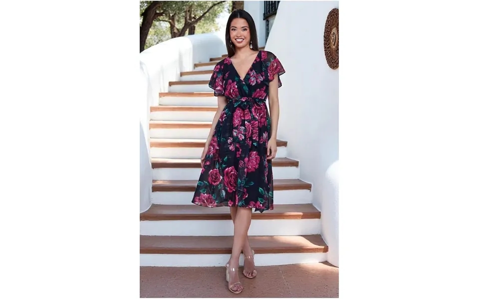 Goddiva Printed Lurex A-line Flutter Sleeve Midi Dress - Black