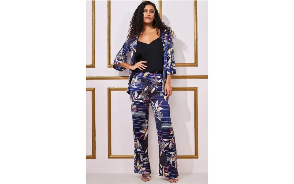 Goddiva Printed Satin Wide Leg Pant - Navy