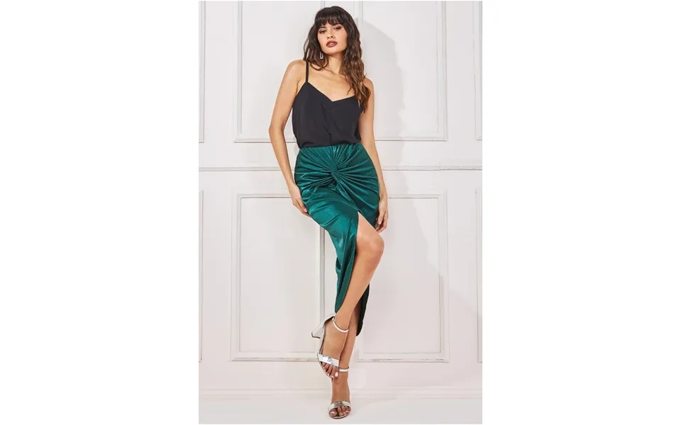 Goddiva Satin Knotted Midi Skirt - Emerald Green