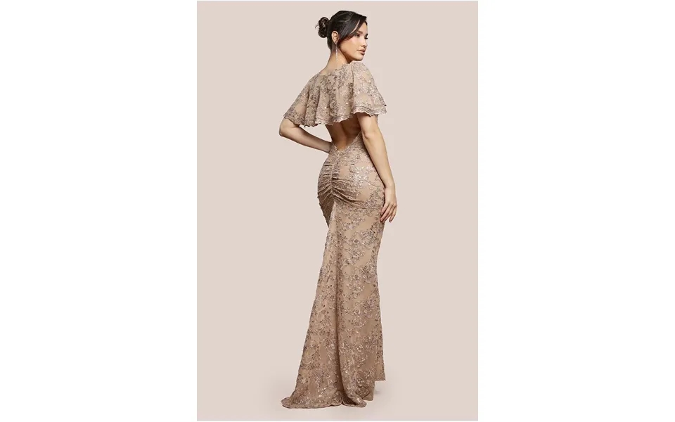 Goddiva Scalloped Cape Open Back Lace & Sequin Maxi Dress - Champagne