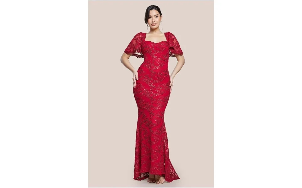 Goddiva Scalloped Cape Open Back Lace & Sequin Maxi Dress - Red