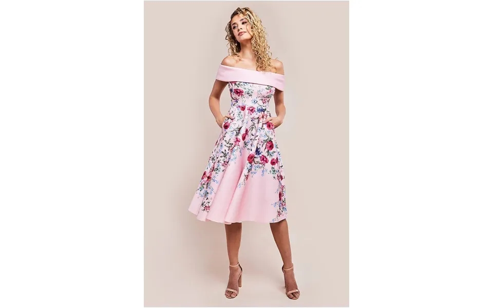 Goddiva Scuba Foam Floral Bardot Midi Dress - Blush