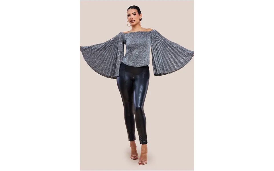 Goddiva Sequin Lurex Bardot Pleated Sleeve Top - Silver