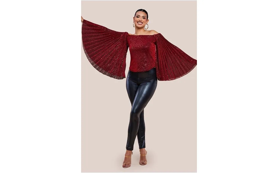 Goddiva Sequin Lurex Bardot Pleated Sleeve Top - Wine