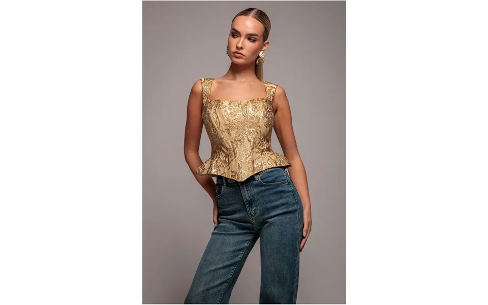 Goddiva Sleeveless Jacquard Lace Up Back Corset - Gold