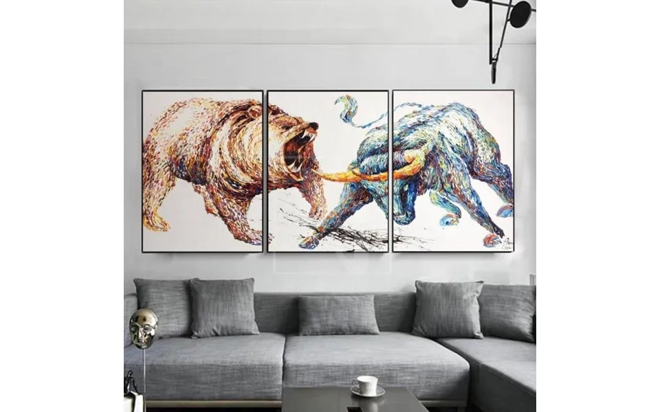 Stock Exchange Painting Set Of 3 Abstract Painting Triptych Grizzly Bear Artwork Bull Vs Bear