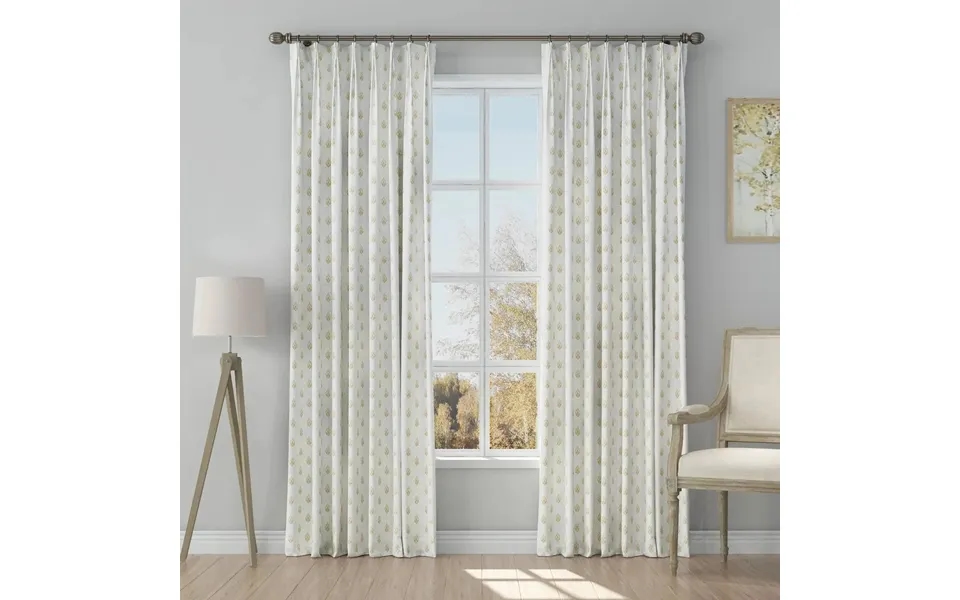 Stefana Silber Print Linen Blend Curtain Drapery Pleated - Block Print Khaki Bp14