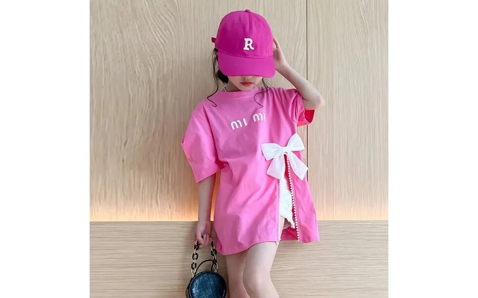 2024 Summer New Girl's Bow T-shirt Length Split Korean Trendy Fashion Top Short Sleeved Mid Size Big Boy