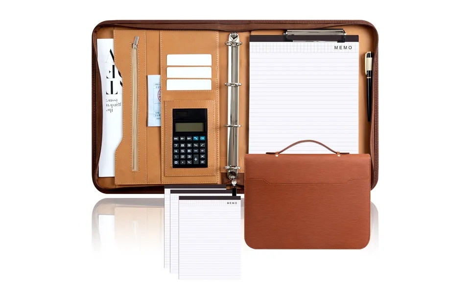 A4 Leather Business Folder With Calculator Folder Four Hole Binder Multi Function Portable Zipper Manager Folder