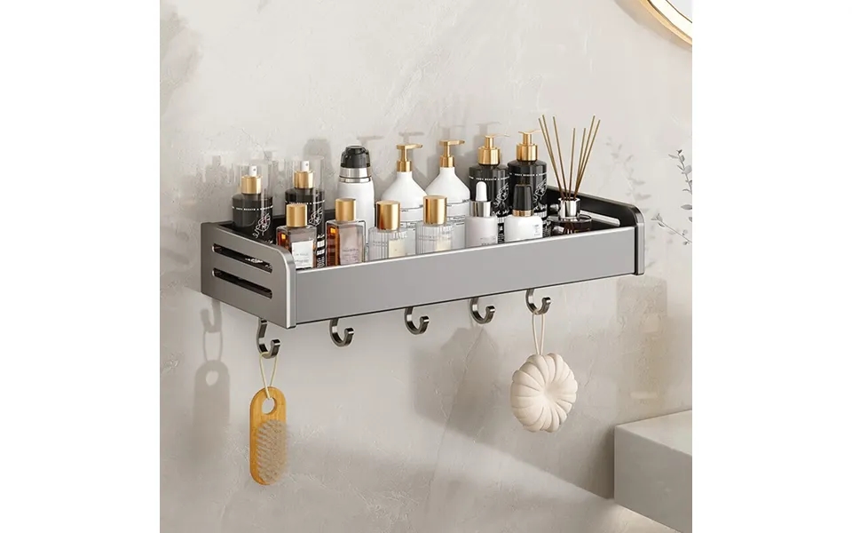 Aluminum Bathroom Shelf With Hooks - Wall Mounted Organizer For Towels, Toiletries & Cosmetics Rustproof, Space-saving,