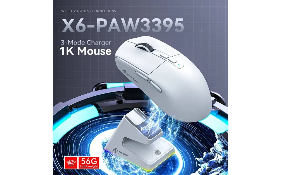 Attack Shark X6 Lightweight Mouse Paw3395 Gaming Game Three-mode Wireless Bluetooth Mouse Charging Rgb Base