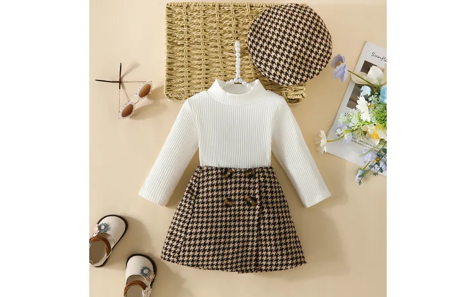 Babies' Clothes Baby Long Sleeve Top Dress Set Baby Girl Long Sleeve Solid Color Pit Top Houndstooth Skirt Beret