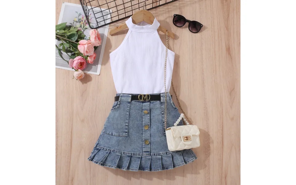 Baby Clothing Children's Dress Girls Solid Color Vest Sleeveless Top Denim Open Bag Pleated Skirt Suit