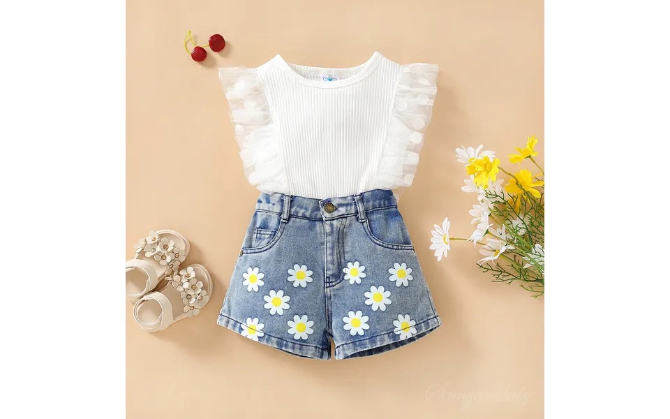 Baby Clothing Children's Summer Girls Girls Mesh Lace Top Embroidered Denim Shorts