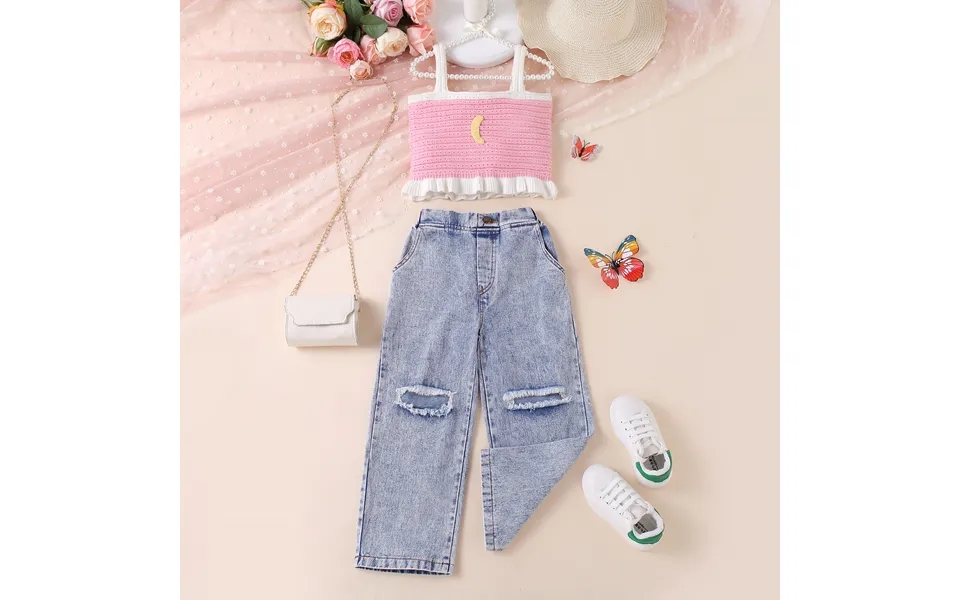 Baby Clothing Girls Summer Woollen Polka Dot Solid Color Sleeveless - Off-the-shoulder Pullover Ripped Denim Trousers Tw