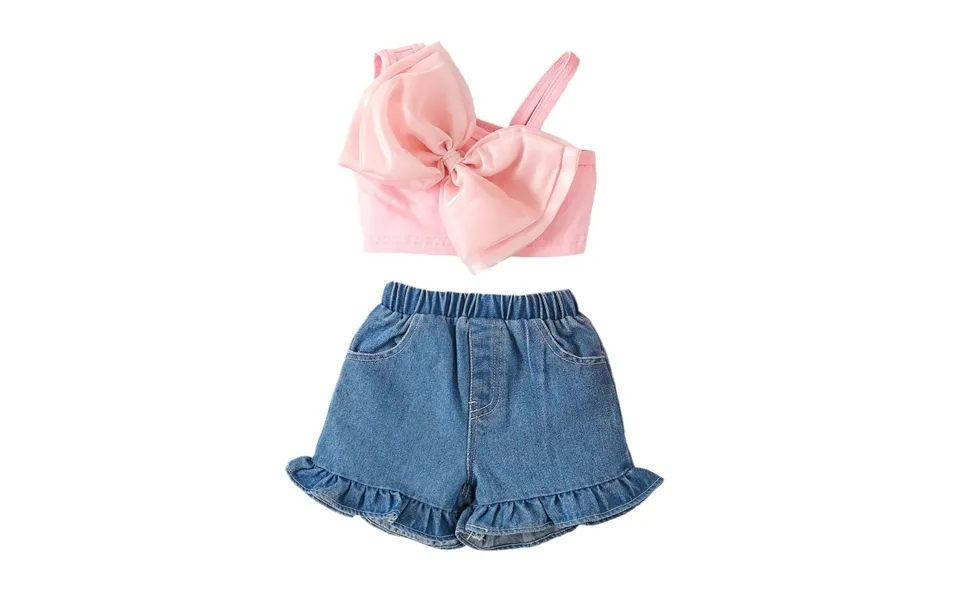 Baby Clothing Girls' Sweet Set Gauze Bow One-shoulder Strap Lace Denim Shorts Two-piece Set