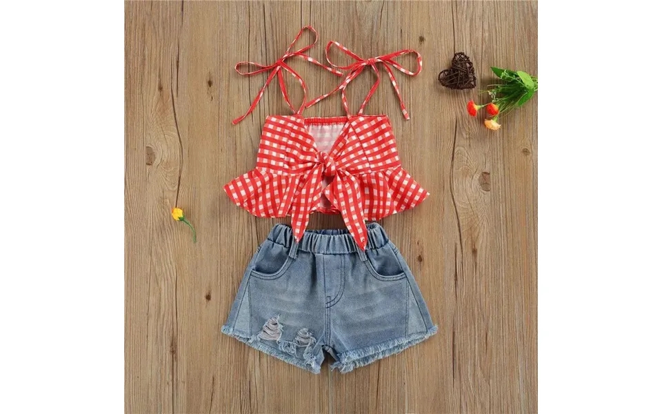 Baby Clothing Stylish Girl Suit Halter Plaid Ruffled Tank Top Denim Shorts Suit