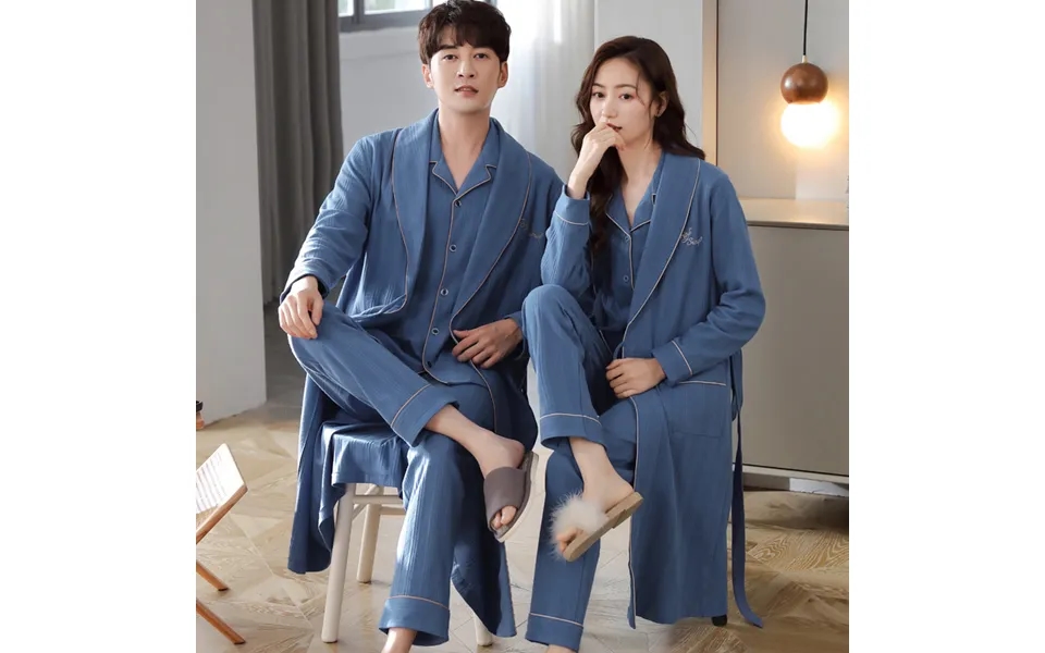 Couple Pajamas Women's Spring And Autumn Pure Cotton Long-sleeved Autumn Men's Nightgown Large Size Bathrobe Three-piece