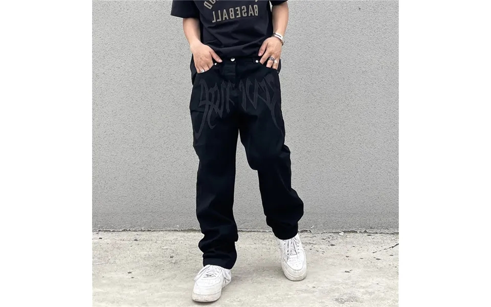 European High Street Fashion Brand Retro Jeans Men's Hip-hop Black Embroidered Letter Jeans Streetwear Hip-hop Loose Str