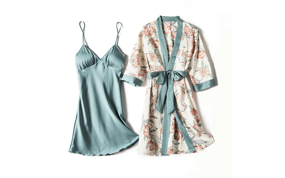 Feminine Silk Pajamas Two-piece Suspender Long Sleeve Nightgown Thin Silk Printed Home Clothes With Breast Pad