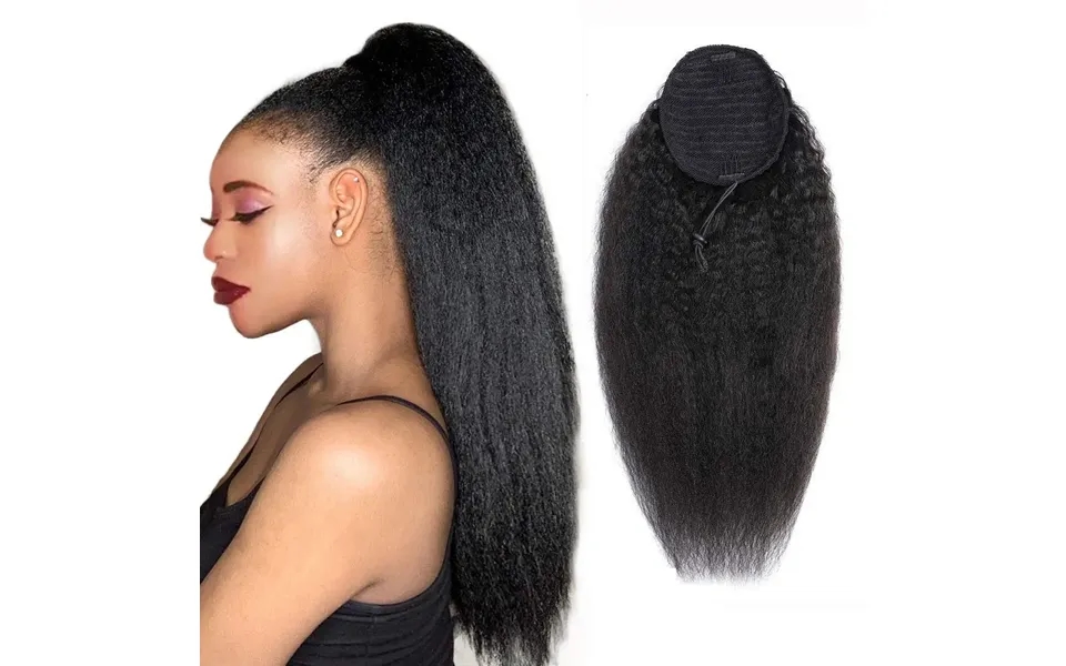 Kinky Straight Human Hair Ponytail Extension Yaki Drawstring Natural Black For Women