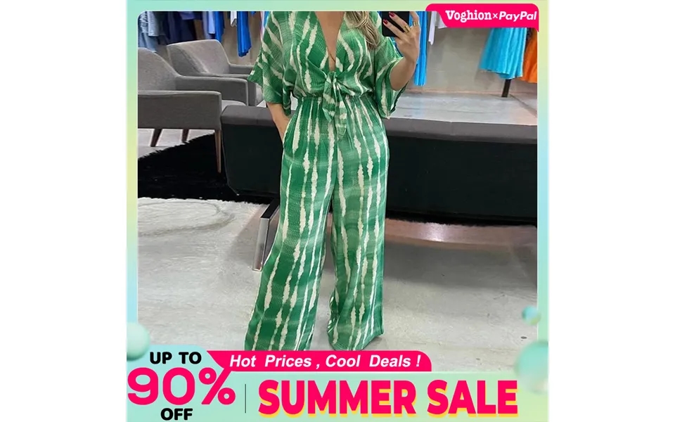 Large Women's Fashion Spring Summer New Simple And Casual Personality V-neck Lace Up Loose 3 4 Sleeve Jumpsuit