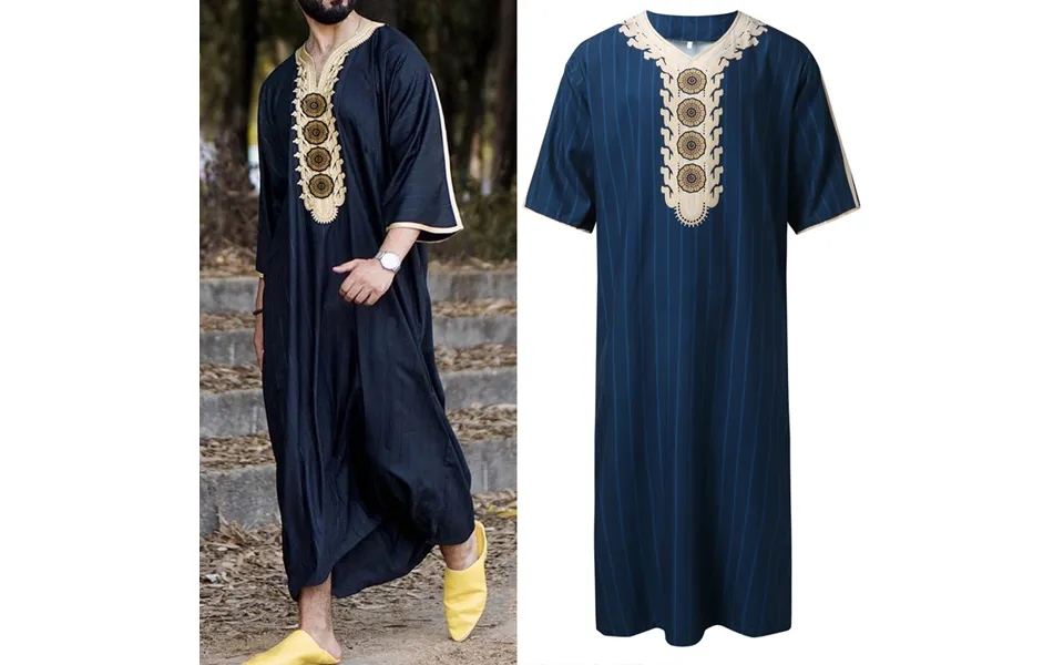 Men's Muslim Robe Arab Ethnic Loose Casual V-neck Sleeve Jumpsuit