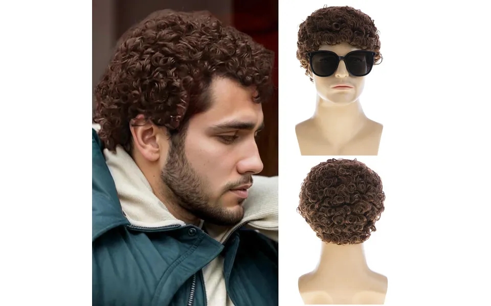 Men's Wigs Brown Small Curly Short Hair Wigs Wool Curls Men Wigs