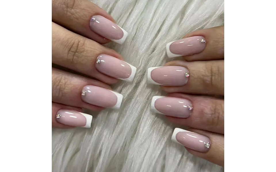 Mid-length 24pcs Square French Fake Nails Press On White Edge Designs False Nails With Rhinestone Full Cover F Rhineste