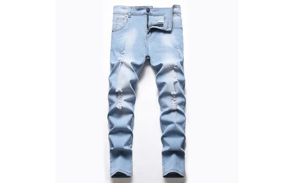 Mother & Kids Cross-border E-commerce Platforms For Middle And Large Children's Elastic Light Blue Straight Ripped Denim