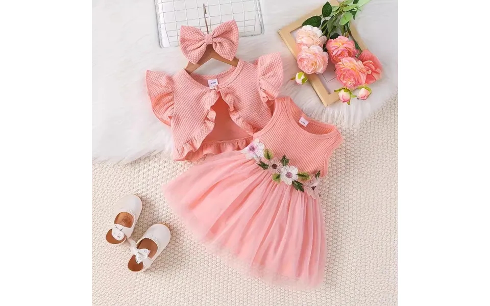 Mother&kids Baby And Toddler Sleeveless Pit Striped Floral Embroidery Mesh Skirt Dress Flying Sleeve Coat Girls' Set