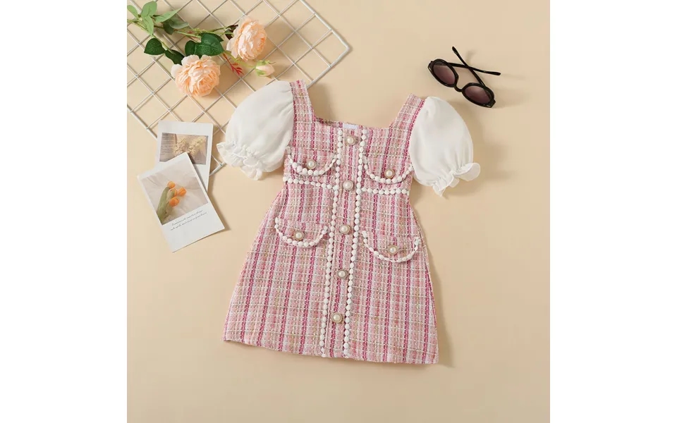 Mother&kids Children's Dress Children's Wool Plaid Pearl Button Small Wool Ball Small Fragrance Puffle-sleeve Children's